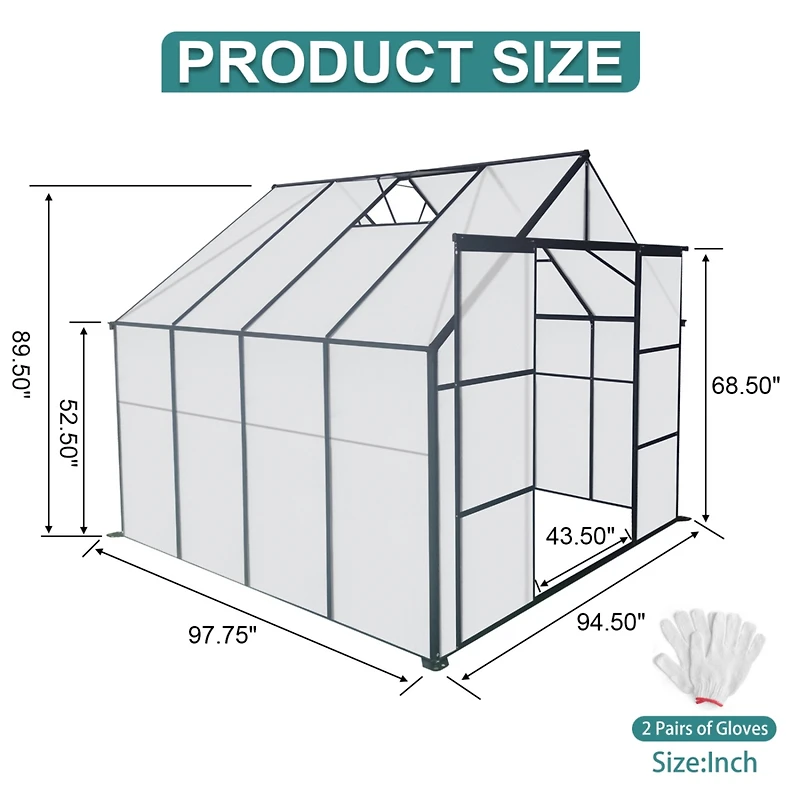 8x8 Ft Double Door Polycarbonate Greenhouse Raised Base and Anchor Aluminum Heavy Duty Walk-in Greenhouses for Outdoor Backyard in All Season, Black