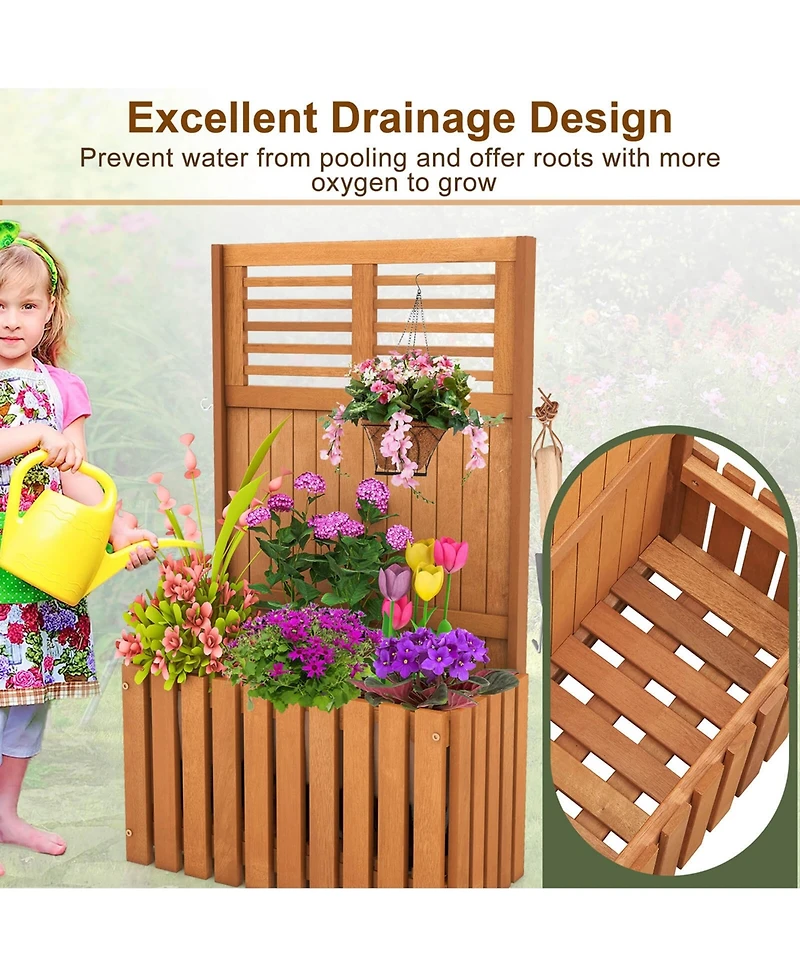 Costway 1 Pcs Wooden Plant Stand Raised Garden Bed with Trellis & Planter Box Privacy Screen