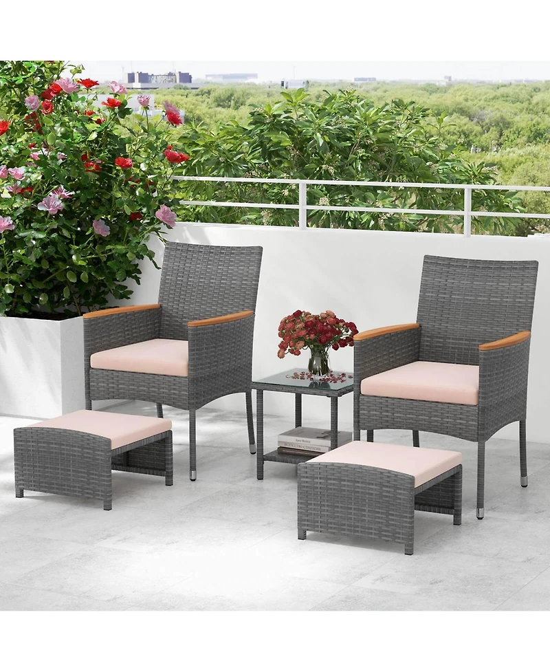 Costway 5 Pcs Patio Conversation Set with Soft Cushions Ottomans & Tempered Glass Top Table