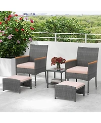 Costway 5 Pcs Patio Conversation Set with Soft Cushions Ottomans & Tempered Glass Top Table