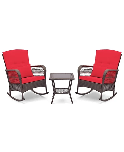 Costway 3 Pcs Patio Rocker Set Outdoor Wicker Rocking Chairs with Double-Layer Coffee Table