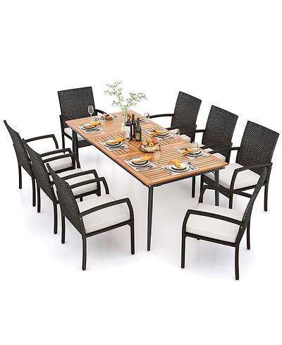 Costway 9 Pcs Patio Dining Set Outdoor Acacia Wood Dining Table with 1.9" Umbrella Hole