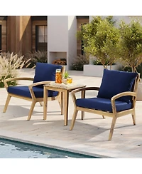 LuxenHome Outdoor Acacia Wood Side Table and Set of 2 Armchairs with Cushions, Blue