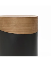 LuxenHome Natural Wood and Metal Round Drum Modern Accent End Side Table