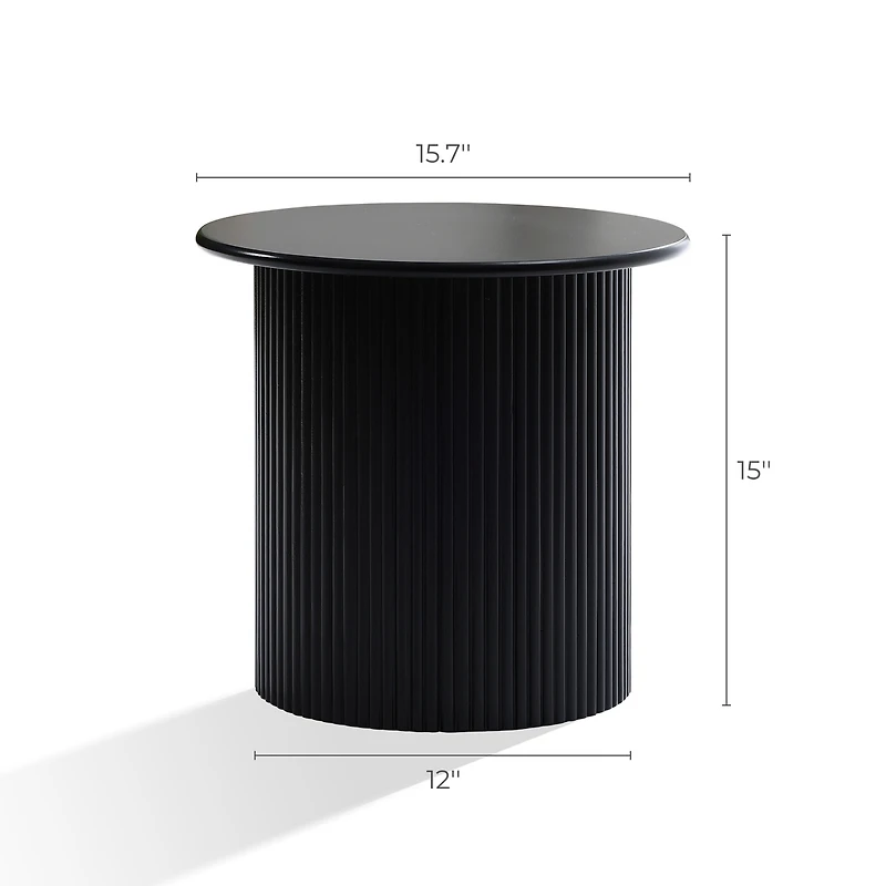 LuxenHome 15'' Small Accent Table Compact Size Black Fluted Fir & Mdf Wood Round Side Tables