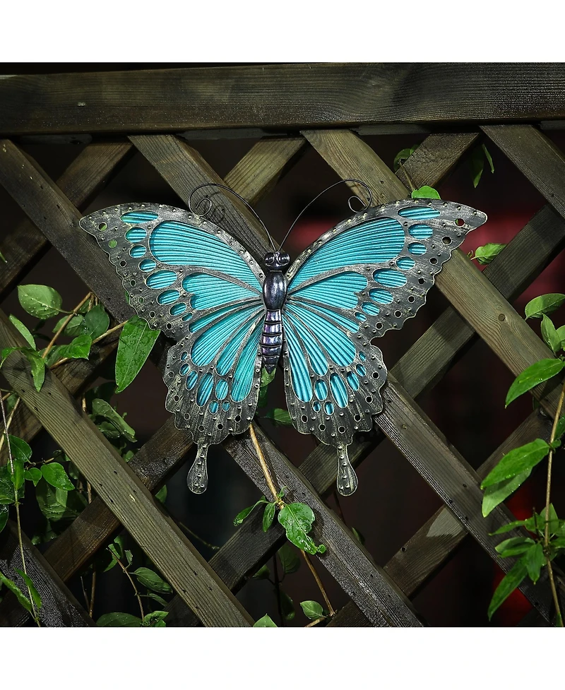 LuxenHome Blue Butterfly Glass and Metal Outdoor Wall Decor