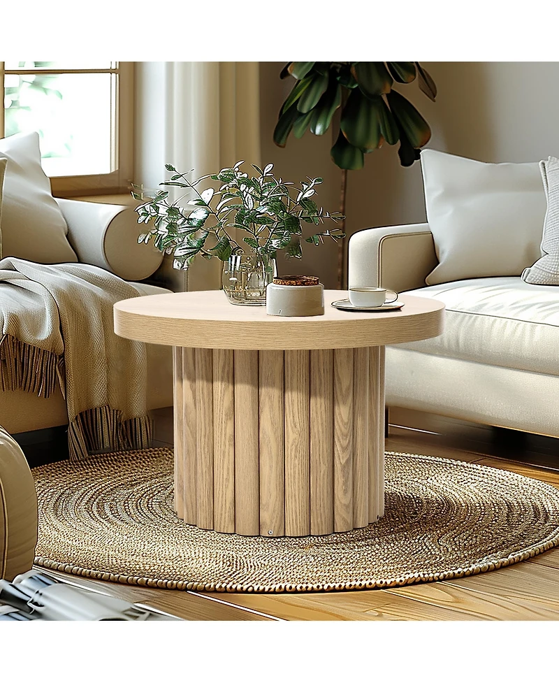 LuxenHome End Table 23.6"Wide Brown Wood Fluted Round Coffee Table and Side Table for Living Room