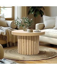 LuxenHome End Table 23.6"Wide Brown Wood Fluted Round Coffee Table and Side Table for Living Room