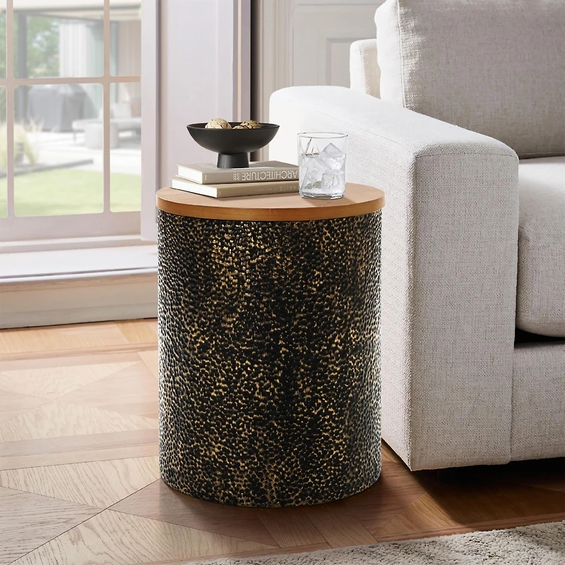 LuxenHome Black and Gold Hammered Iron Metal Table with Mdf Wood Top