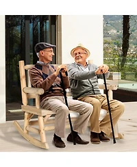 2-Person Wood Rocking Chair with Log Design, Heavy Duty Loveseat with Wide Curved Seats for Patio, Backyard, Garden, Natural