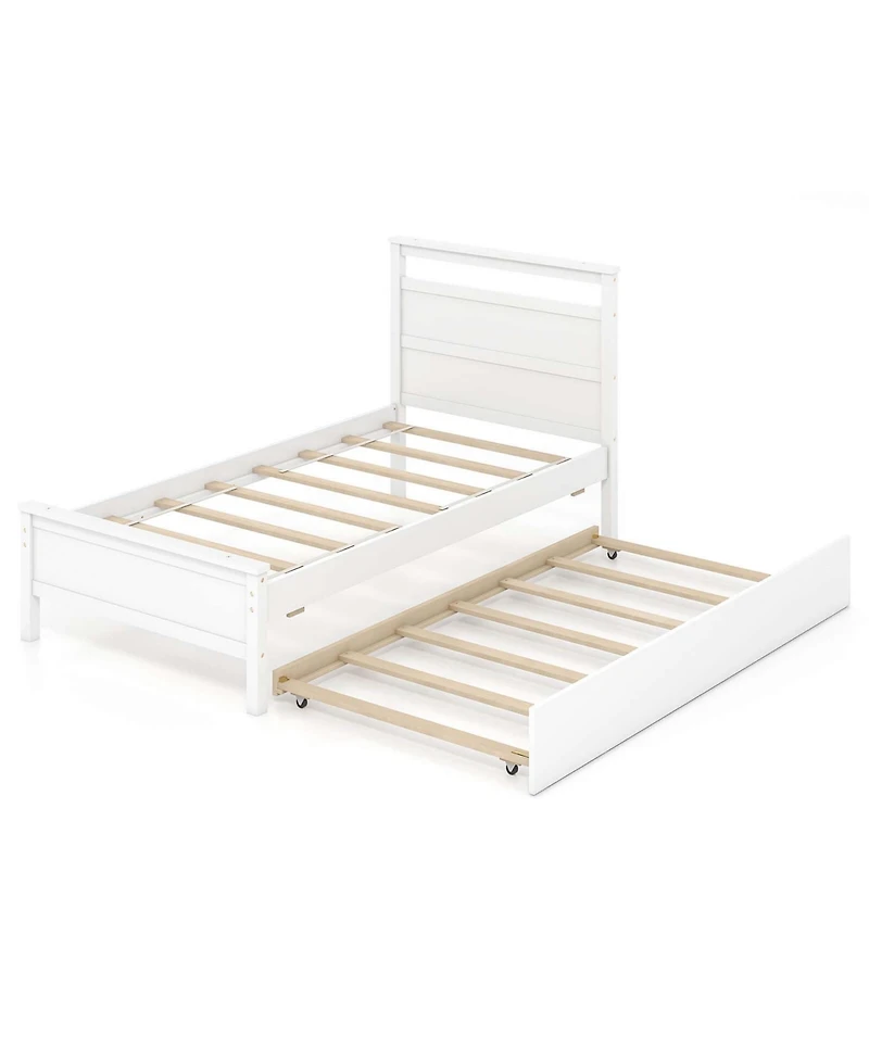 Twin Platform Bed with Trundle Pull-out Headboard & Footboard