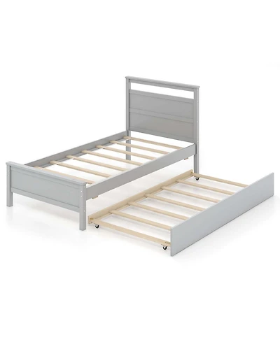 Twin Platform Bed with Trundle Pull-out Headboard & Footboard