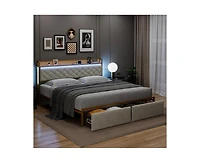gaomon King Size Led Bed Frame with Headboard and 2 Storage Drawers, Upholstered Platform Bed with Charging Station