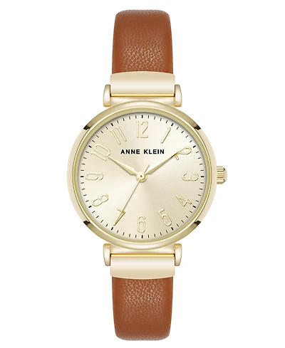 Anne Klein Women's Quartz Round Easy to Read Faux Leather and Gold-Tone Alloy Metal Watch