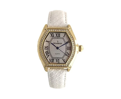 Peugeot Women's 36mm White Watch Barrel Shaped Tank Case Leather Strap