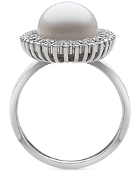 Belle de Mer Peacock Black Cultured Freshwater Pearl (10mm) & Cubic Zirconia Halo Ring Sterling Silver (Also White Pearl)
