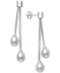 Belle de Mer Cultured Freshwater Pearl (7-8mm) Chain Drop Earrings in Sterling Silver