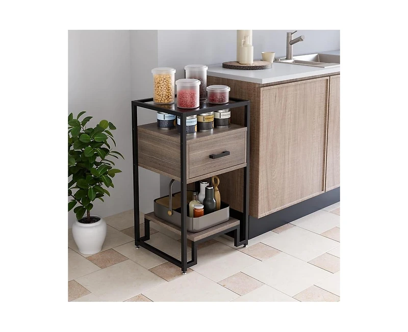 Nightstand Set of 2, Mid Century Modern End Table with 3-Tier Storage & Tempered Glass Top and Storage Drawer for Bedroom, Live Room