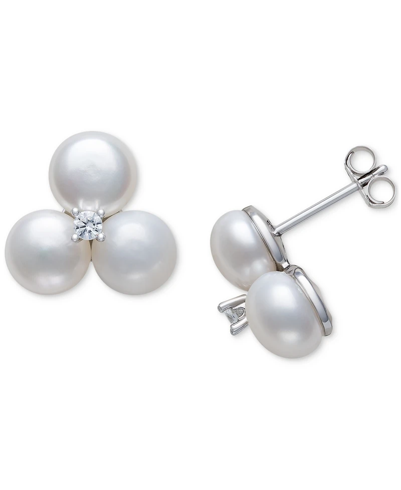 Belle de Mer Cultured Freshwater Button Pearl (6-7mm) & Lab-Created Sapphire (1/20 ct. t.w.) Earrings in Sterling Silver