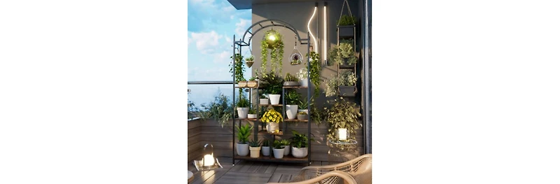 Unho 5-Tier Tall Plant Stand Arched Metal Flower Display Holder Hanging Hooks
