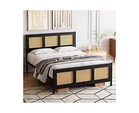 gaomon Queen Size Bed Frame with Rattan Headboard and Footboard, Rattan Platform Bed Frame, Mattress Foundation, No Box Spring Needed, Black