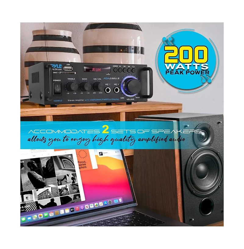 Pyle Stereo Power Amplifier With Bluetooth, Rca, Usb/Sd/Fm