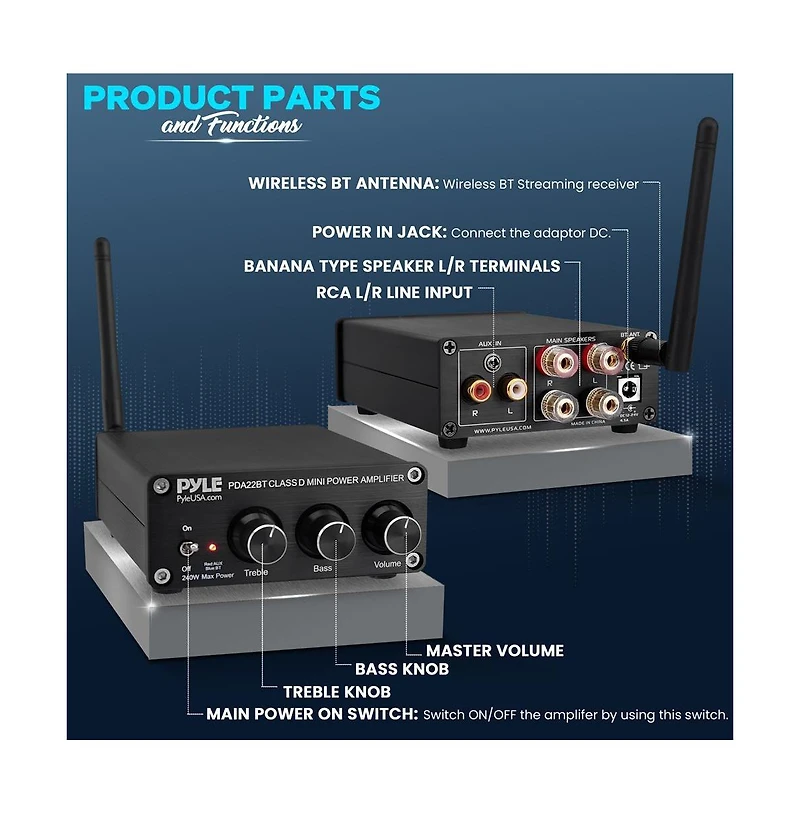 Pyle Compact Bluetooth Stereo Power Amplifier With 2 x 100 Watt Max Output