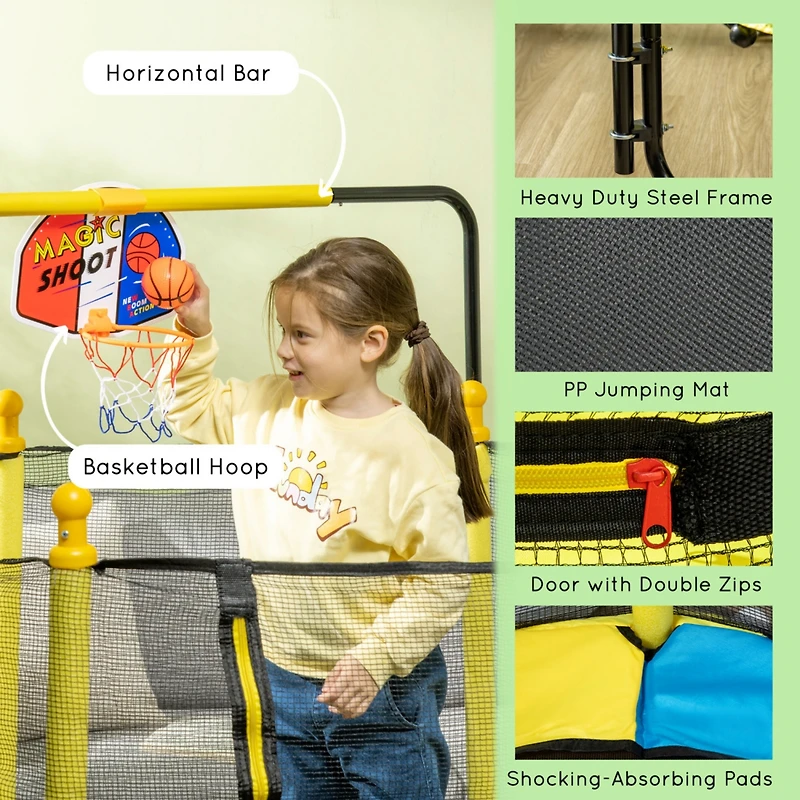4.6' Kids Trampoline with Basketball Hoop, Horizontal Bar, 55" Indoor Trampoline with Net, Small Springfree Trampoline Gifts for Kids Toys, Ages