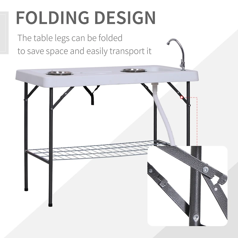 Folding Fish Cleaning Table with Sink, Portable Camping Table with Faucet Drainage Hose, Grid Rack and Fish Cleaning Kit for Picnic, Fishing, 50"
