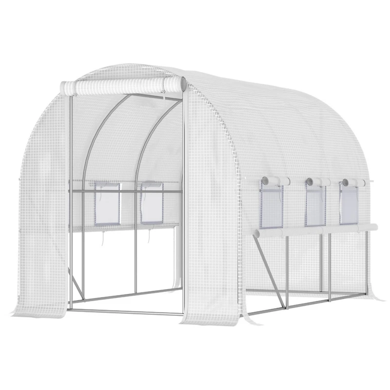 10' x 7' x 7' Walk-in Tunnel Greenhouse, Outdoor Green House with Anti-Tear Pe Cover, Zipper Doors and Mesh Windows, White
