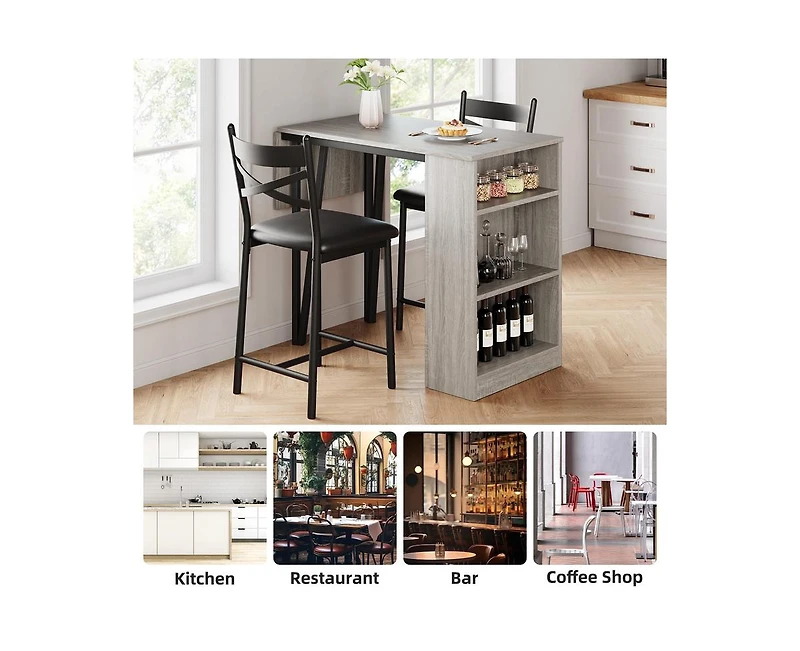 gaomon 3-Piece 36in Wooden Counter Height Dining Table Set for Kitchen, Dining Room w/Storage Shelves, Metal Frame, 2 Barstools