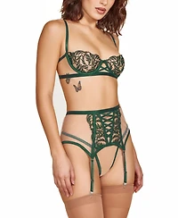 iCollection Women's 3-Piece Embroidered Bra, Panty and Garter Skirt Lingerie Set
