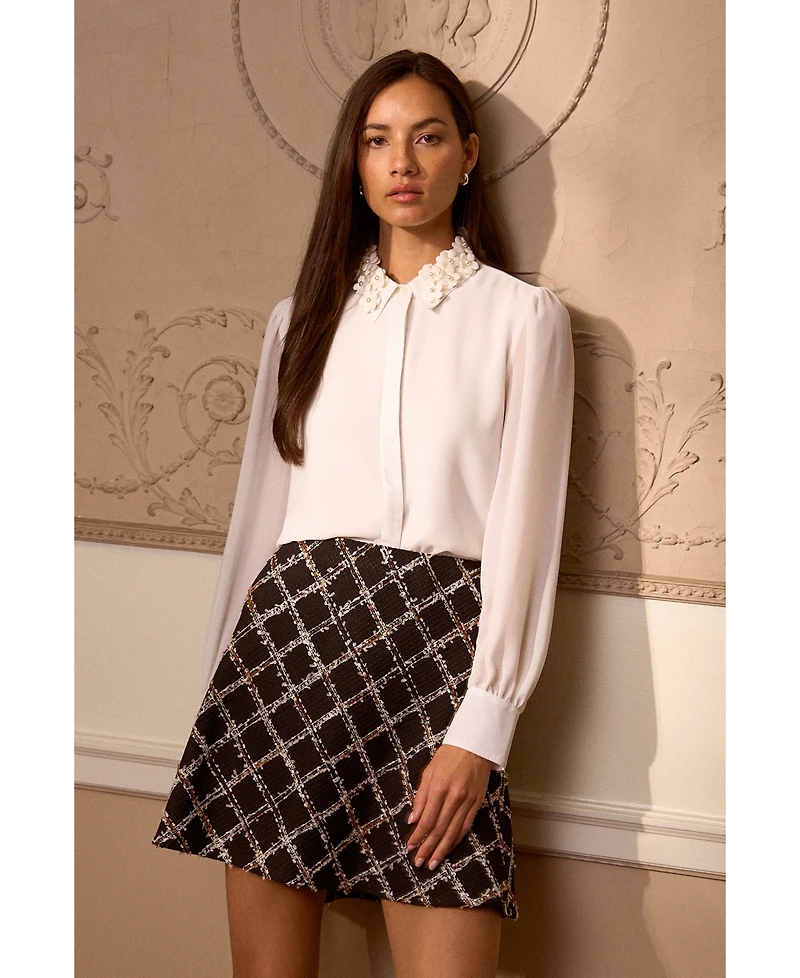 CeCe Women's Floral-Applique Collared Long-Sleeve Blouse