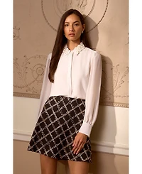 CeCe Women's Floral-Applique Collared Long-Sleeve Blouse