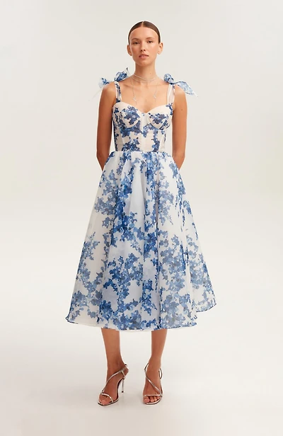 Milla Women's Charming Blue Hydrangea-Patterned Organza Midi Dress
