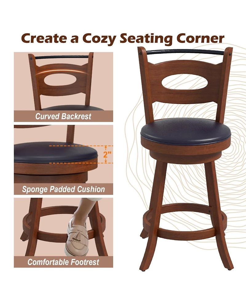 Sugift 2 Pieces 24 inch Swivel Bar Stools with Curved Backrest and Seat Cushions