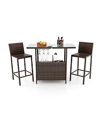 Sugift 3 Pieces Outdoor Wicker Bar Set with 3 Rows Stemware Racks