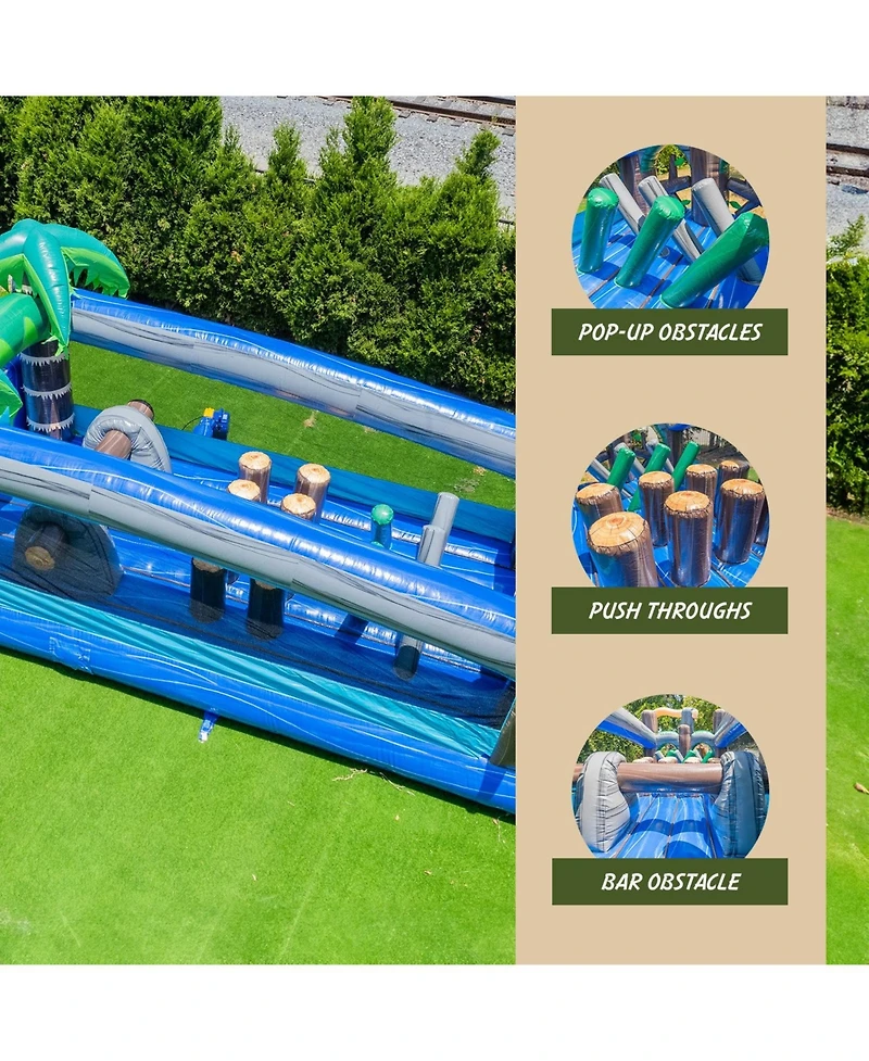 Xjump Commercial Grade 45' Tropical Wet/Dry Obstacle with dual lane slide and deep pool