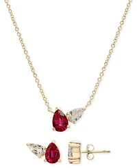 2-Pc. Set Lab-Created Ruby (1-1/2 ct. t.w.) & Lab-Created White Sapphire Pear Duo Pendant Necklace & Matching Stud Earrings in 14k Gold-Plated Sterlin