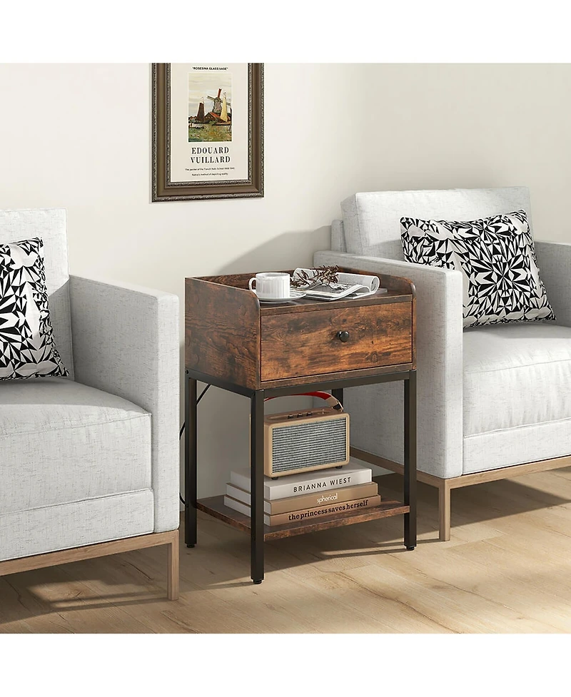 Gymax Nightstand Side End Table w/ Charging Station Drawer Open Shelf for Small Space