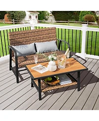 Sugift 2 Pieces Patio Rattan Coffee Table Set with Shelf and Quick Dry Cushion