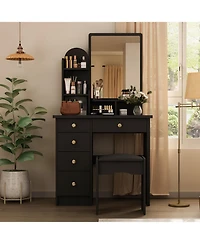 Famapy 5-Drawers White Makeup Vanity Table Wooden Dressing Desk With Mirror and 3-Tier Storage Shelves