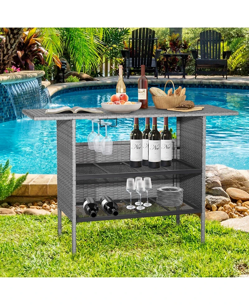 Sugift Outdoor Patio Wicker Bar Table with Metal Shelves