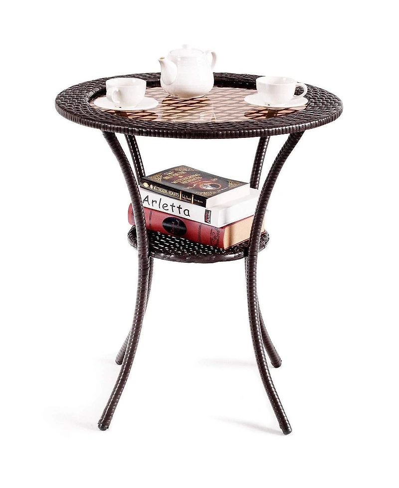 Sugift Round Rattan Wicker Coffee Table with Lower Shelf