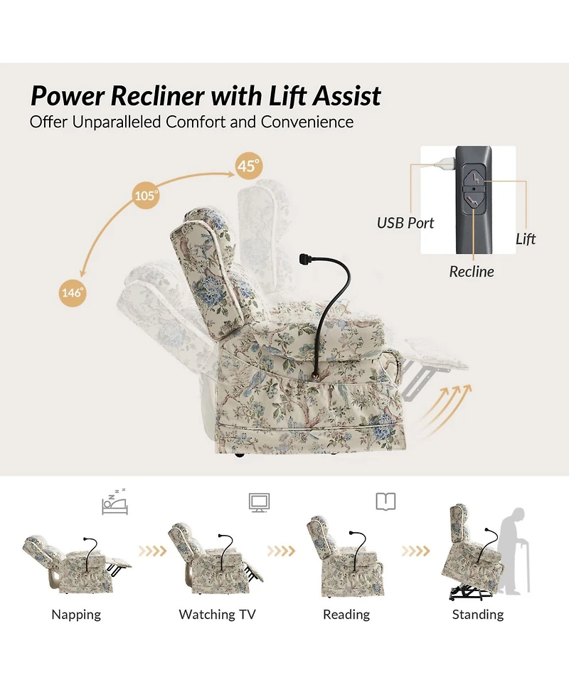 Hulala Home Ruprecht Farmhouse Lift Assist Power Recliner with Massage Heat and Manual Headrest