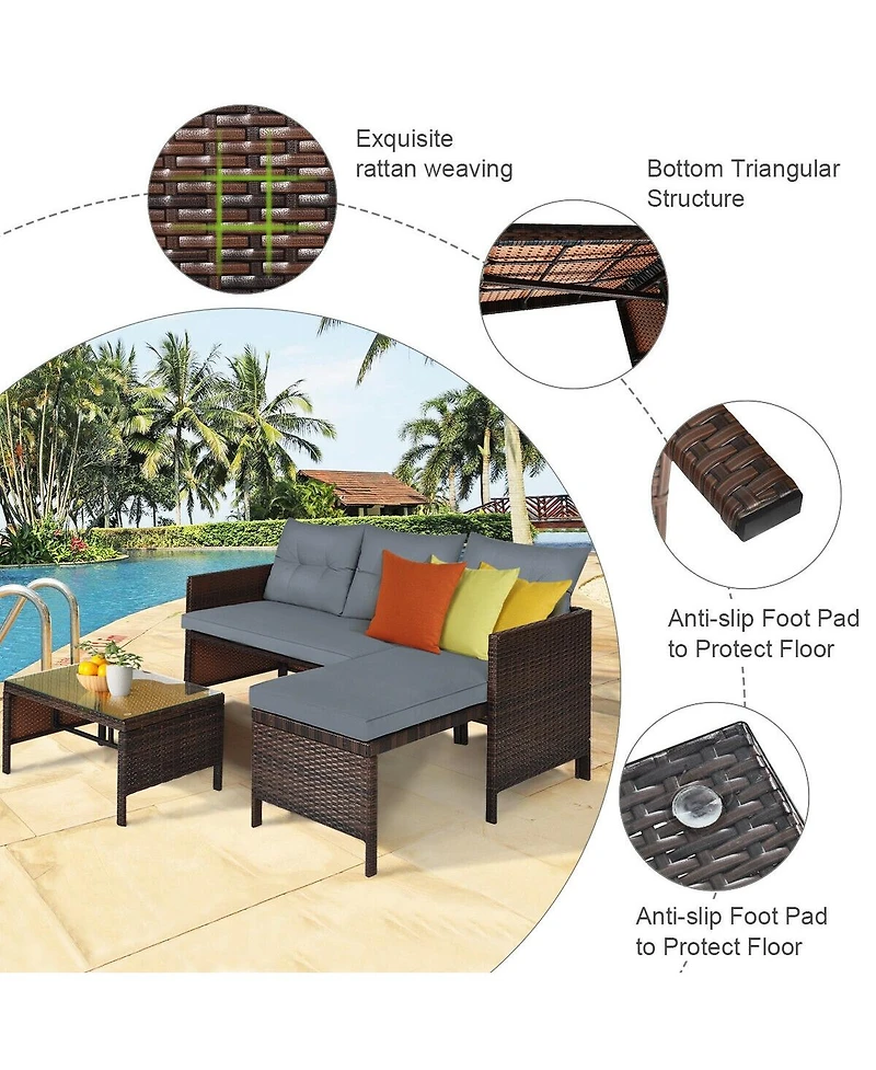 Sugift 3 Pieces Outdoor Patio Corner Rattan Sofa Set-Grey