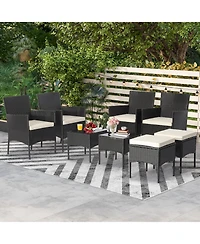 8 Pieces Patio Wicker Conversation Set with 2 Coffee Tables and 2 Ottomans