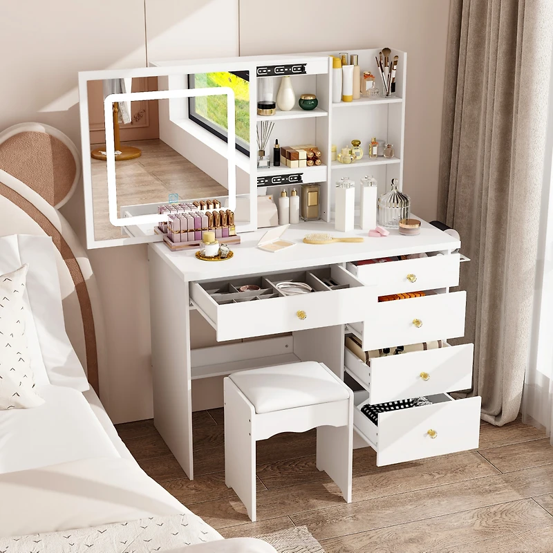Famapy White Makeup Vanity Set Dresser Table with Dimmable Lighted Mirror, Power Strip and Hair Dryer Holder, 5-Drawers, Stool
