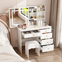 Famapy White Makeup Vanity Set Dresser Table with Dimmable Lighted Mirror, Power Strip and Hair Dryer Holder, 5-Drawers, Stool