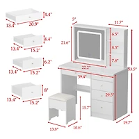 Famapy 5-Drawers White Makeup Vanity Sets Dressing Table Sets with Led Dimmable Mirror, Stool and 3-Tier Storage Shelves